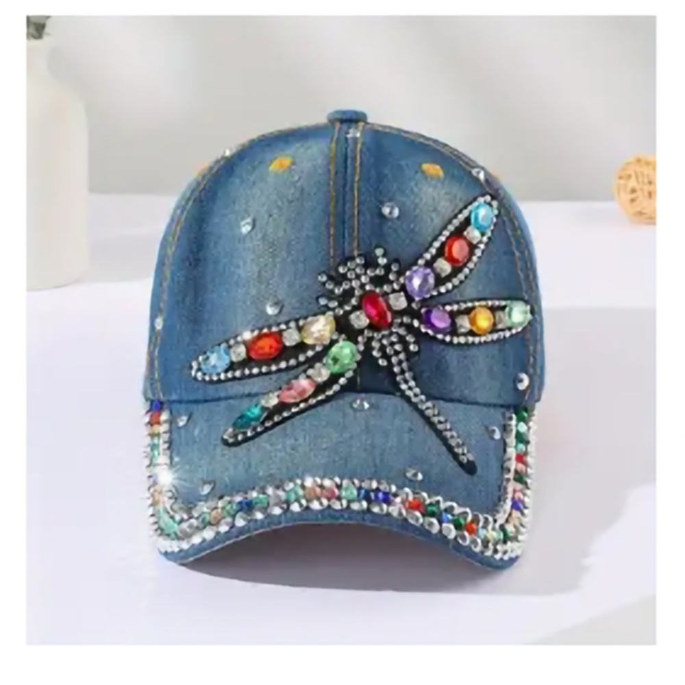 Denim Baseball Cap with Colorful Dragonfly Design